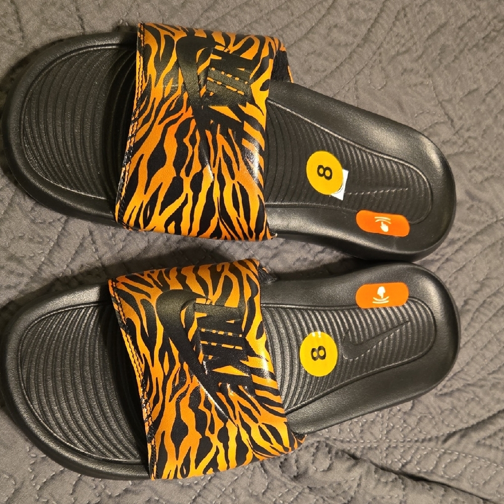Nike Black and Orange Tiger Print Slides